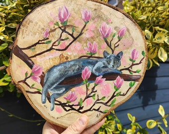 Custom wood slice painting Pet portrait Cat Magnolias illustration Hand painted Forget-me-not Placemats wooden pictures Coasters