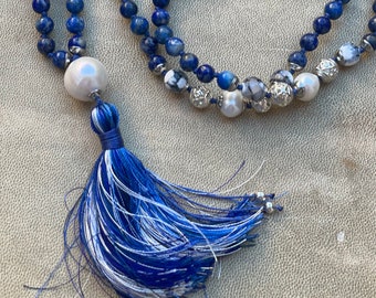 Metaphysical Jewelry -Blue Stone Necklace with Lapis Lazuli Jewelry - Real Pearl Necklace -Knotted Mala - Prayer Beads - Long Necklace