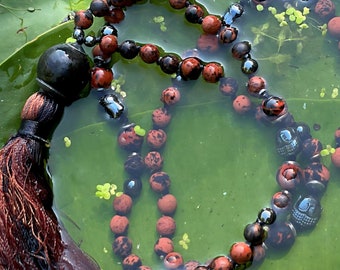Unique Handmade Mahogany Obsidian 108 Mala Beads Necklace - Long Knotted Tassel Necklace with Buddhist Mala Beads