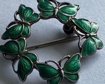 Vintage Guilloche Enamel/Sterling Butterfly Wreath