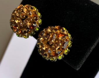 SCHOFFEL & CO. AUSTRIA Mid Century Clip on Topaz and Green Rhinestone Earrings