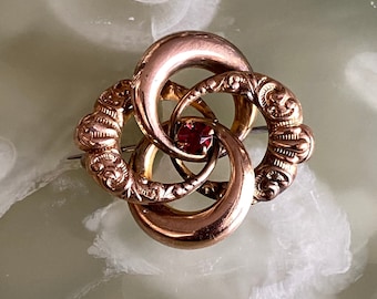 VICTORIAN LOVE KNOT Gold Filled Brooch With Ruby Color Rhinestone