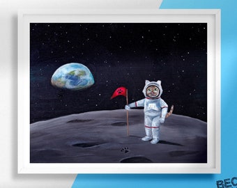 May include: A painting of a cat dressed as an astronaut standing on the moon. The cat is holding a flag and looking at the Earth in the distance. The background is a dark blue sky with stars.