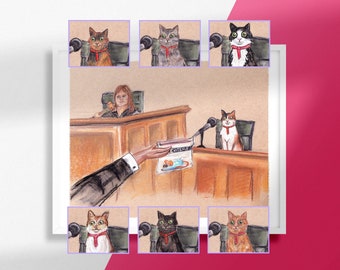 Claw & Order Courtroom Cat Sketch Art Print, Choose Your Cat Color