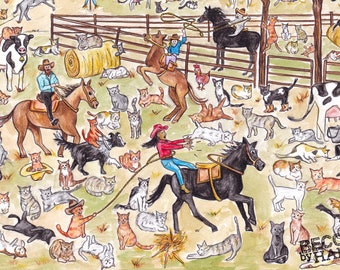 Herding Cats Art Print, Funny CATle Ranch Wall Hanging, 11x14