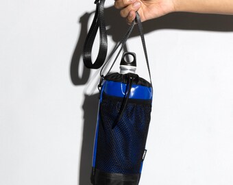 Blue Upcycled Water Bottle Bag - Handmade Insulated Carrier