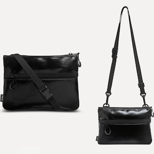 Schwarze Handtasche aus Upcycling Stoff (eco), kleine Umhängetasche, Recycle Umhängetasche für Männer und Frauen, Vegane Umhängetasche, Sacoche