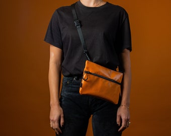 Small shoulder bag from upcycled fabric (eco), Orange recycle handbag for men & women, Sacoche, Vegan crossbody bags, compact messenger bag