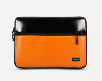 Surface Pro 9 case with pocket (from upcycled fabric), Black and orange eco laptop sleeve for new Microsoft Surface Pro 9/8/7/X (2024), Bag