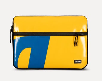 MacBook Pro 13 inch case with front compartment (from upcycled fabric), Yellow and blue laptop sleeve/cover for MacBook Pro 13" (2023/2024)