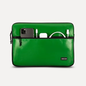 MacBook Pro 14 inch case with extra pocket from upcycled fabric, Sustainable green laptop sleeve for MacBook Pro 14 inch M3 2023/2024 image 1