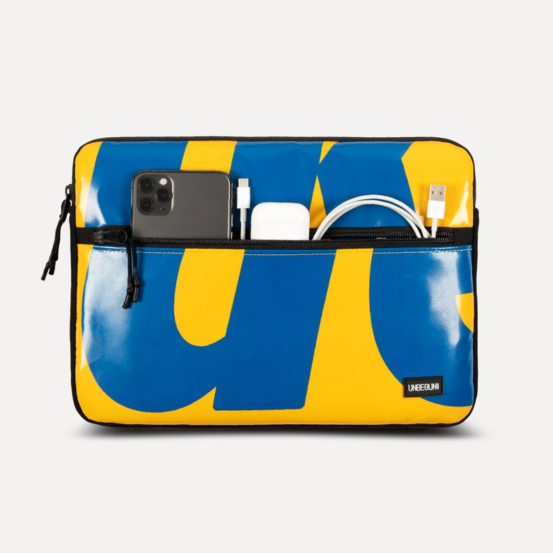 MacBook Air 15 case with compartment from upcycled fabric, Yellow and blue laptop sleeve for MacBook Air 15 inch M3/M2 2023/2024, Cover image 4