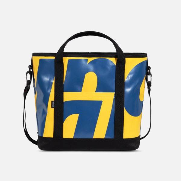 Yellow and blue Tote Bag from upcycled fabric - Sustainable handbag or shopping bag, Unique messenger bag from trailer tarp (eco and vegan)