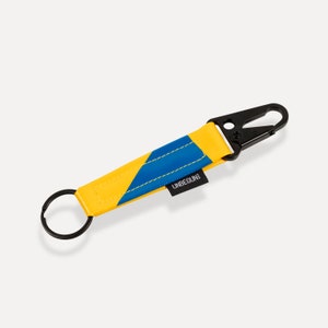 Yellow and blue keychain with carabiner (from upcycled fabric), Sustainable key holder, keyring, lanyard or key fob. Perfect as vegan gift.