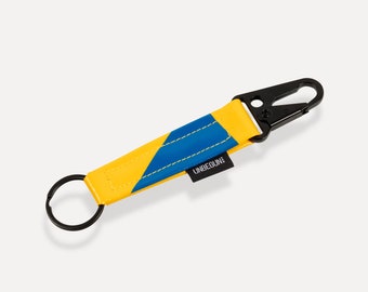 Yellow and blue keychain with carabiner (from upcycled fabric), Sustainable key holder, keyring, lanyard or key fob. Perfect as vegan gift.