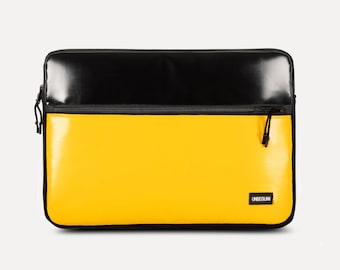 MacBook Pro 14 case with pocket (from upcycled fabric), Black/Yellow laptop sleeve for new MacBook Pro 14 inch M3/M2 (2023/2024), Laptop bag