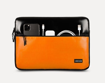 MacBook Air 13 case with compartment (from upcycled fabric), Black/orange laptop sleeve for MacBook Air 13,6 inch M3/M2 (2023/2024), Cover