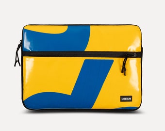 Surface Pro 11 case with pocket (from upcycled fabric), Sustainable yellow and blue laptop sleeve for Surface Pro 11/10/9 (2025), Cover/bag