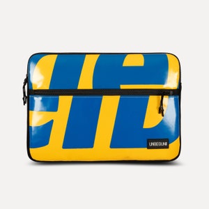 MacBook Pro 16 inch case with compartment from upcycled fabric, Yellow and blue laptop sleeve for new MacBook Pro 16 M3 2024, Bag/cover image 3
