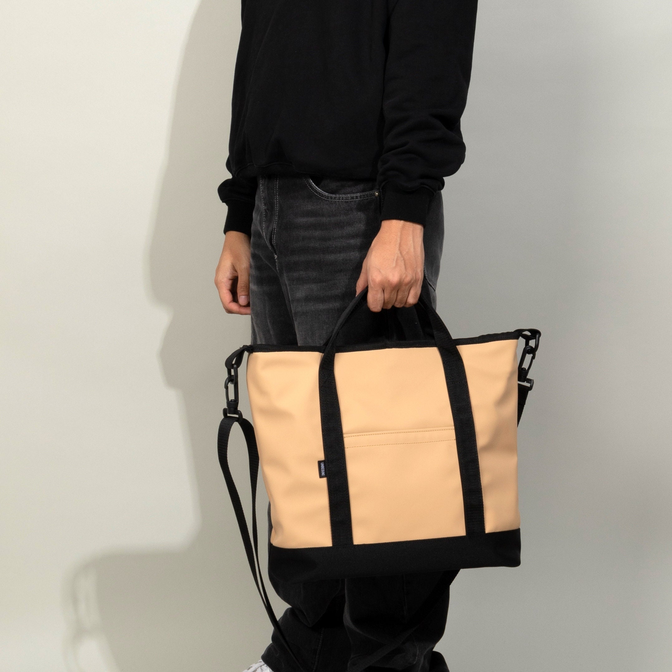 Tote bag from upcycled fabric - Sustainable beige handbag or shopper (eco and vegan), Handmade laptop bag or messenger bag for men and women