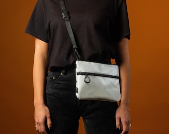 White shoulder bag from upcycled fabric.  (eco), Small handbag for women & men, Sacoche, Vegan crossbody purse, recycle messenger bag