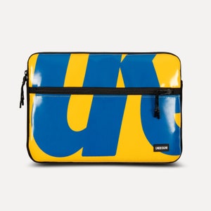 MacBook Pro 14 inch case with front compartment from upcycled fabric, Yellow/blue laptop sleeve for MacBook Pro 14 M3 2023/2024, Cover image 1