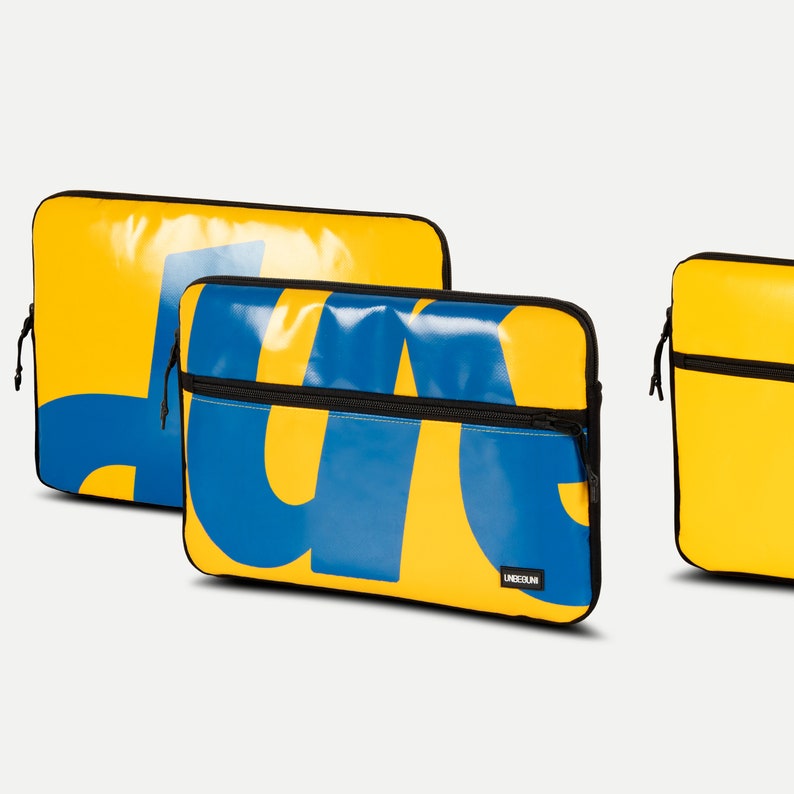 MacBook Air 13 case with compartment from upcycled fabric, Yellow/blue laptop sleeve for new MacBook Air 13,6 M3/M2 2024, Cover/Bag image 7