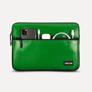 MacBook Pro 16 inch case with compartment from upcycled fabric, Green recycle laptop sleeve for new MacBook Pro 16 M3 2024, Bag/cover image 1