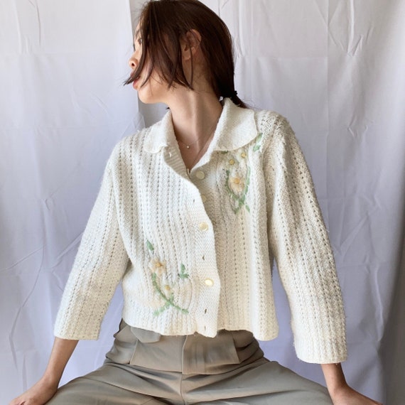 Vintage 50s Floral Cream Cardigan Dotty Mann