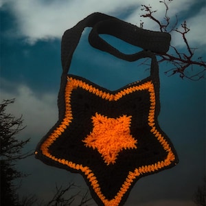 Orange and Black Star Crocheted Tote Bag/ Purse