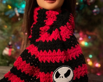 red and black scarf with jack skellington patch