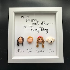 Puede incluir: Una obra de arte enmarcada con un borde blanco presenta cuatro figuras esculpidas que representan a una familia, incluido un perro. El texto de arriba dice: "Cuando nos tenemos, lo tenemos todo". Los nombres están escritos debajo.