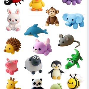 May include: A collection of small clay animal figurines including a ladybird, chick, octopus, rabbit, monkey, elephant, dolphin, hedgehog, cat, mouse, pig, sheep, penguin, crocodile, giraffe, panda, and bee, with the text What can I make?