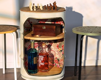 Chess table - chessboard - bar - minibar - shelf - side table made from a 60L oil barrel