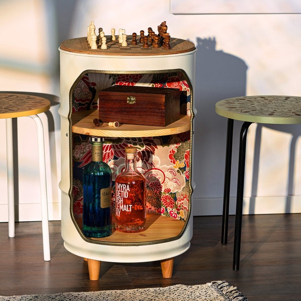 Chess table - chessboard - bar - minibar - shelf - side table made from a 60L oil barrel