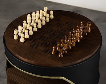 Chess table - chessboard - bar - minibar - shelf - side table made from a 60L oil barrel