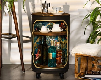 Nightstand, round coffee table for living room decor – side table for modern interiors – home bar with wooden shelves