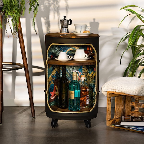 Nachttisch - Bar - Minibar - Regal - Beistelltisch aus einem 60L Ölfass