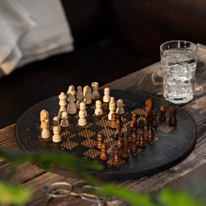 Custom Rustic Black Birch Wood Chess board – Handmade Multiplex Chess board set Perfect Christmas Gift - Round wood chessboard with Pieces