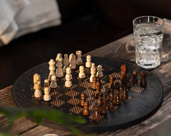 Custom Rustic Black Birch Wood Chess board – Handmade Multiplex Chess board set Perfect Christmas Gift - Round wood chessboard with Pieces