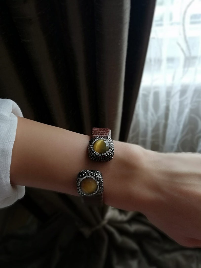 Gemstone Bracelet Zirconia Bracelet Leather Bracelet Brown Leather Cuff Bracelet with genuine Pearl Cuff Bracelet unique gift for her