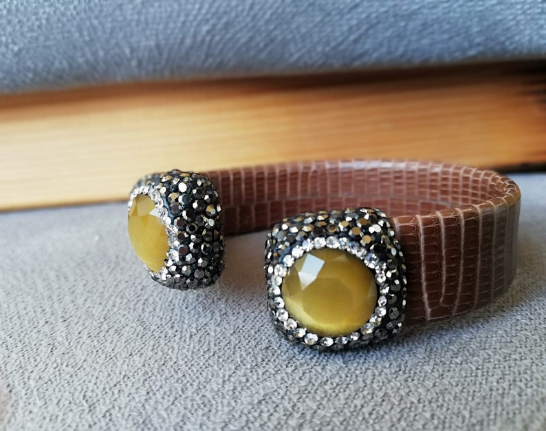Gemstone Bracelet Zirconia Bracelet Leather Bracelet Brown Leather Cuff Bracelet with genuine Pearl Cuff Bracelet unique gift for her