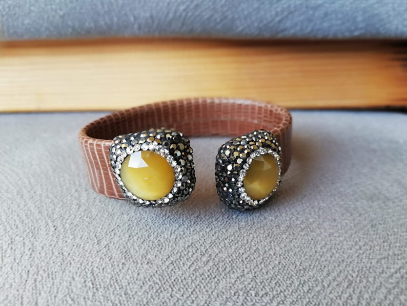 Gemstone Bracelet Zirconia Bracelet Leather Bracelet Brown Leather Cuff Bracelet with genuine Pearl Cuff Bracelet unique gift for her
