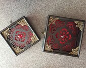 Wood Box Set of 2 - Laser Cut Wood - Glass Gem - Red Satin - Antique Brass