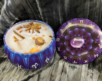 Soy Candle Tin - Astrological Purple Handmade Wax Herbs Stones 8 oz Focus and Centering (CNDL-1046)