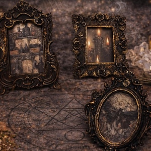 Three Antiqued Frames Lot with Witchy Theme Black Candles Apothecary Moth Handmade Small 002