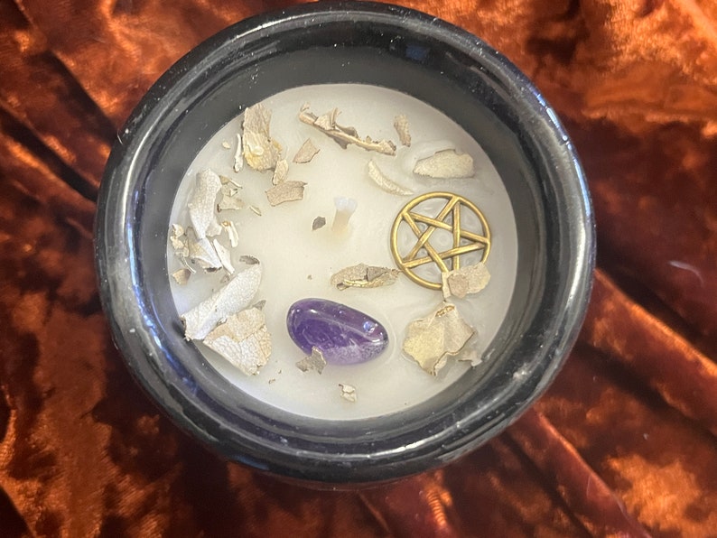 Cauldron Ceramic Candle White Wax Pentacle Herbs and Gemstone Handmade 3 Inches image 5