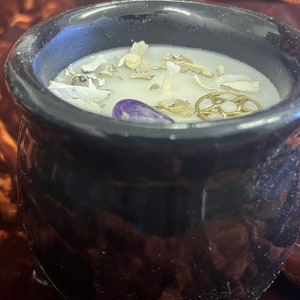 Cauldron Ceramic Candle White Wax Pentacle Herbs and Gemstone Handmade 3 Inches image 1