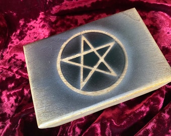 Pentacle Altar Box 4x6 Light Oak Hand Painted Pewter Accents