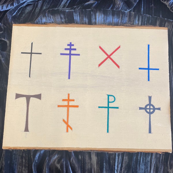 Multi-Cross Plaque Classic Papal Knights Templar St. Peter Tau Cross Orthodox Chi-Rowe Celtic Walnut Hand Painted